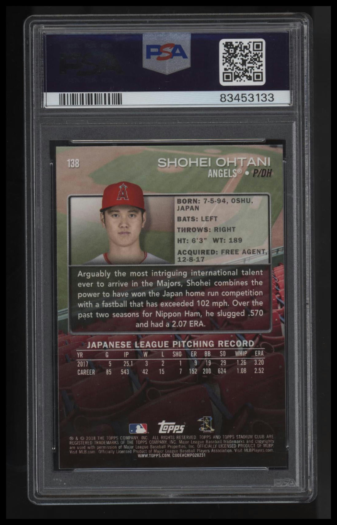 2018 Stadium Club Shohei Ohtani Red Foil PSA 10