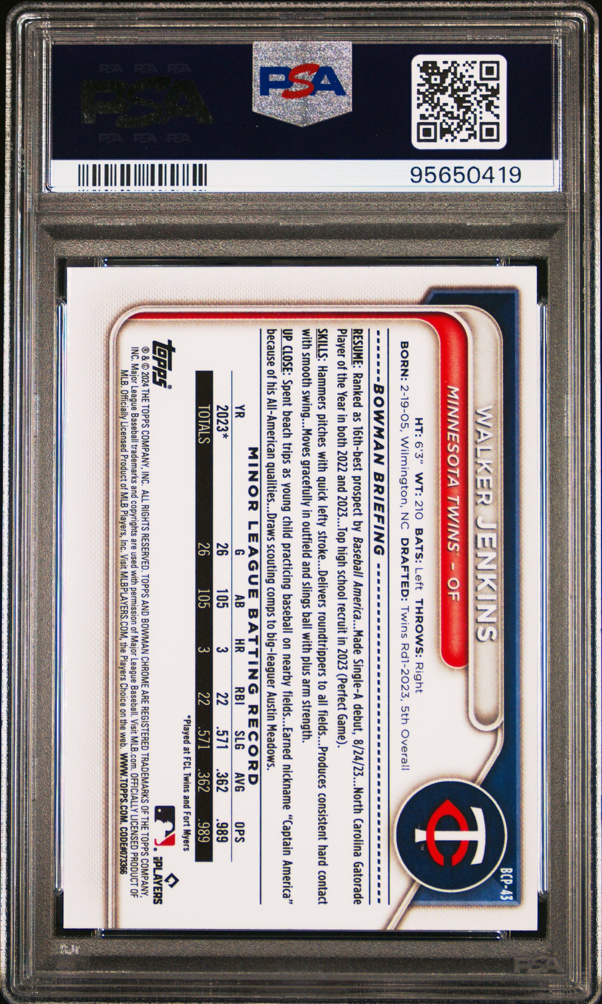 2024 Bowman Mega Box Chrome Prospects Walker Jenkins PSA 9