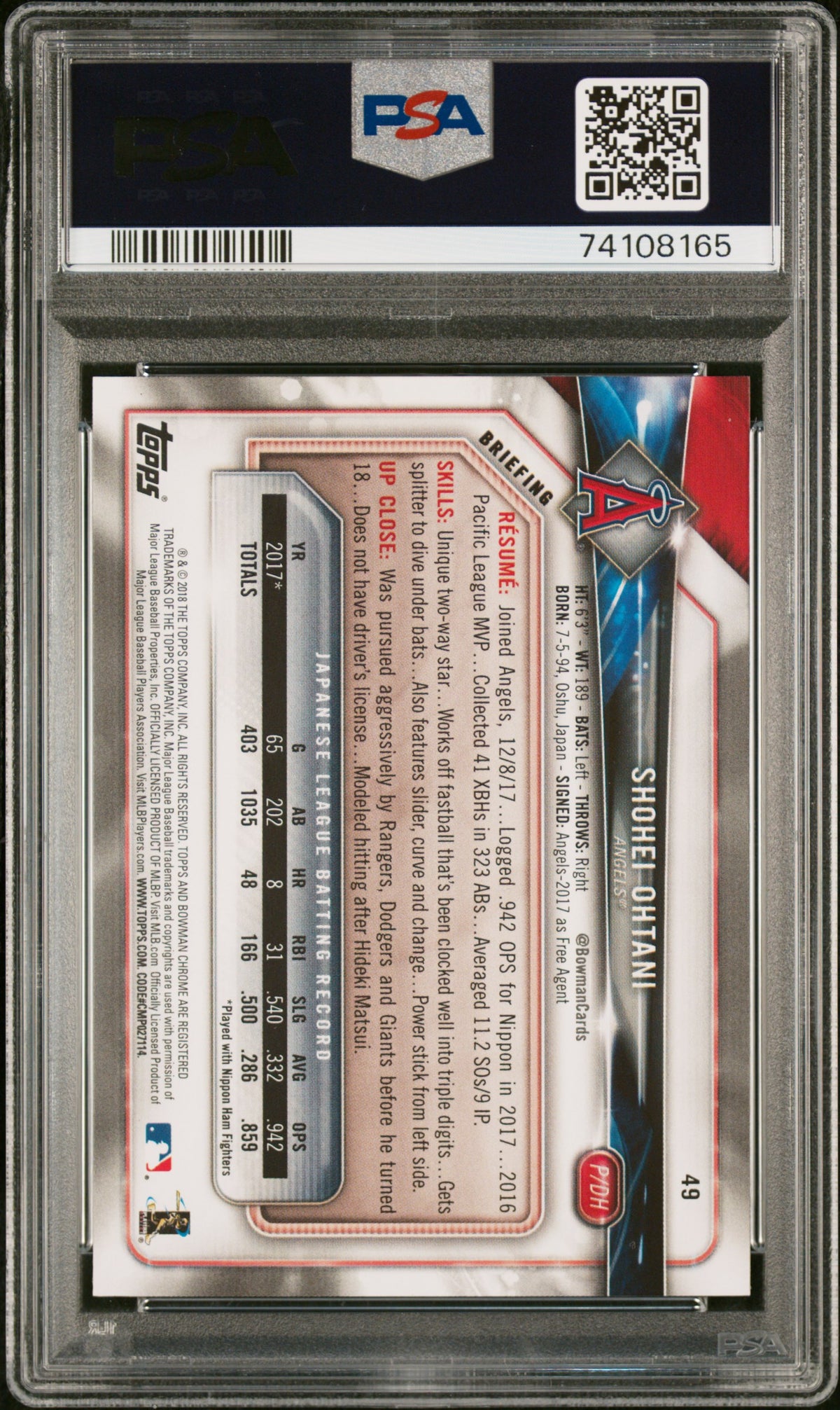 2018 Bowman Shohei Ohtani PSA 9