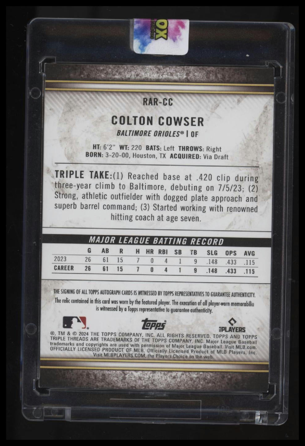 2024 Topps Triple Threads Colton Cowser Rookie Autographed Relics #/99