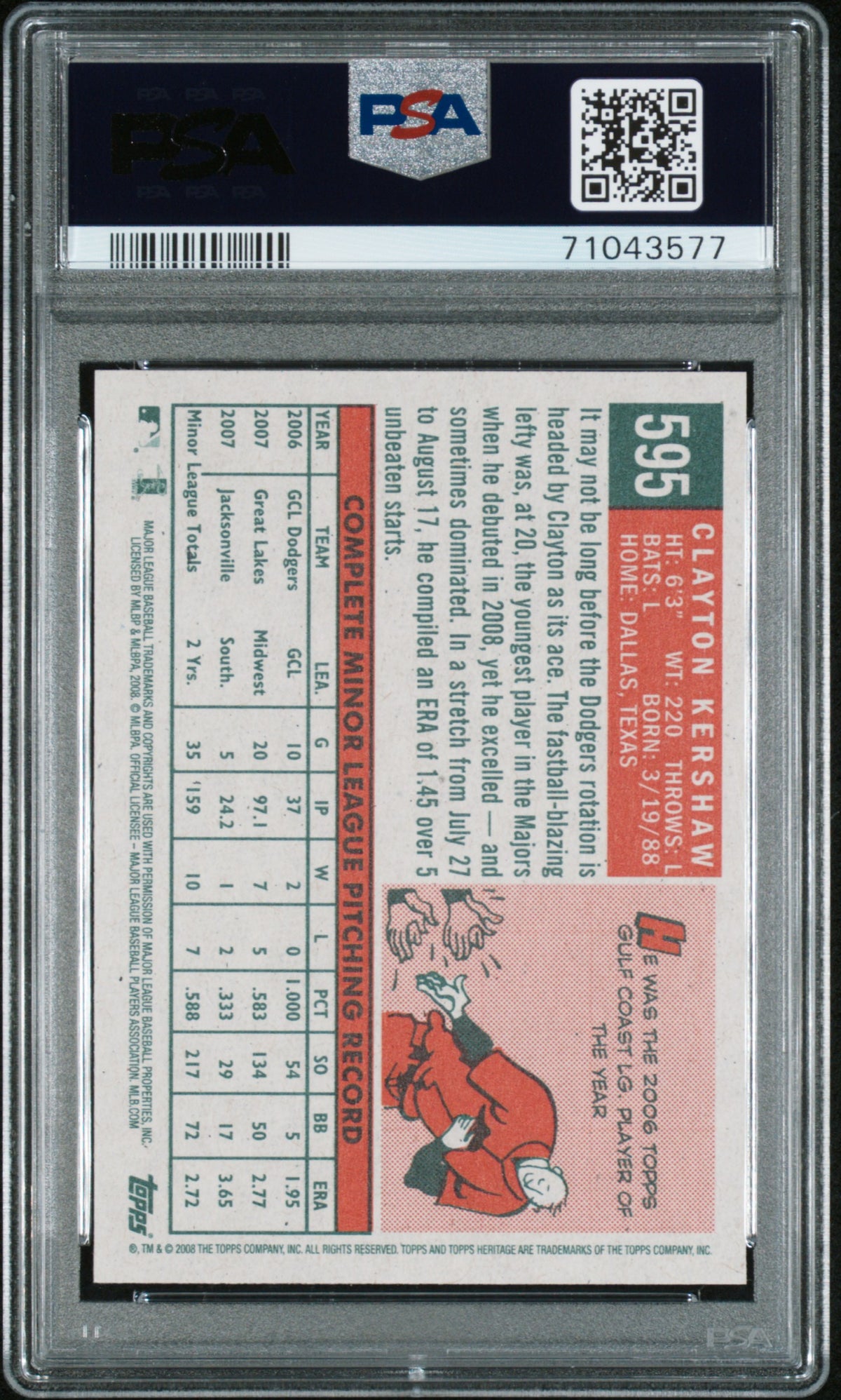 2008 Topps Heritage Clayton Kershaw PSA 10