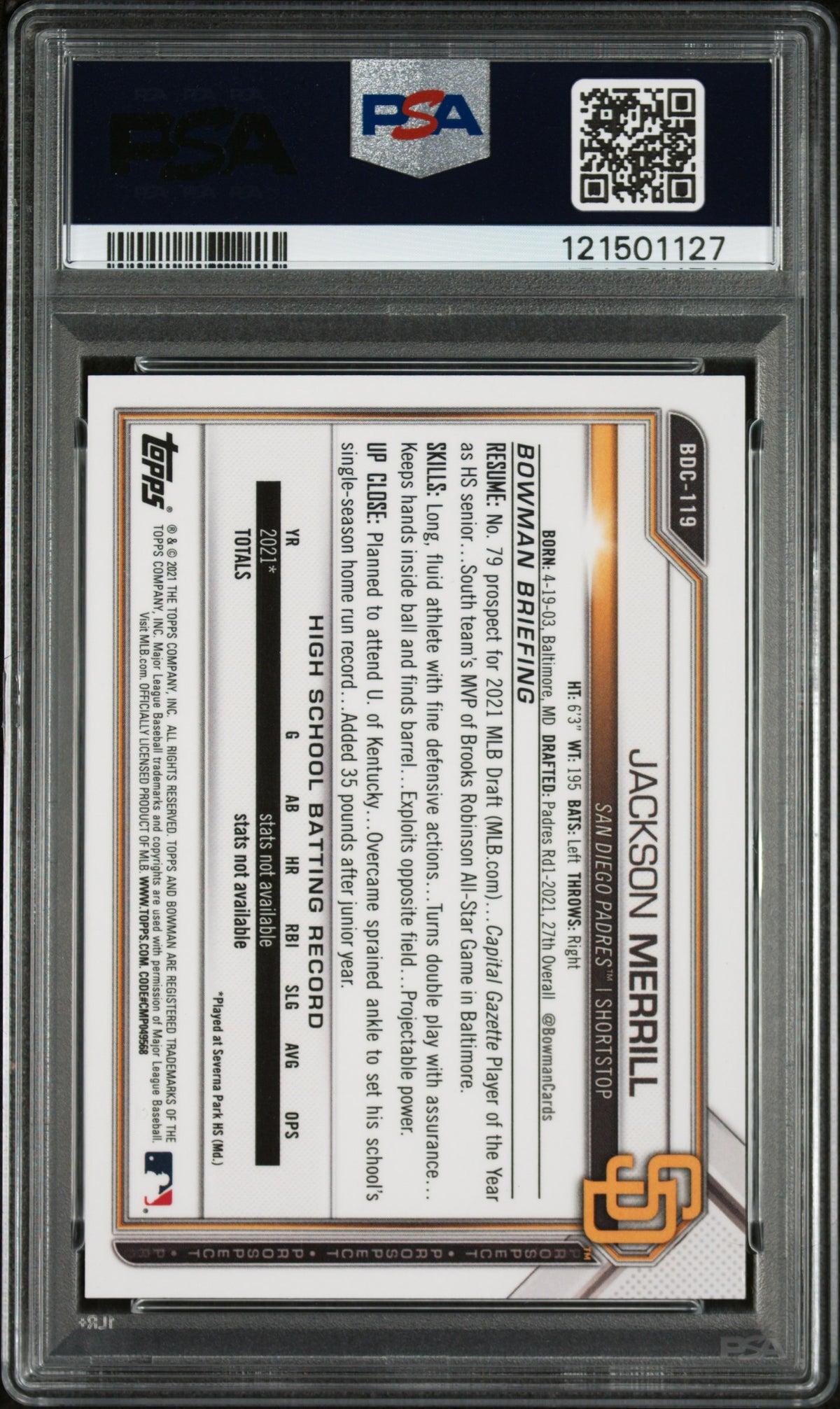 2021 Bowman Draft Jackson Merrill Chrome-Blue Refractor PSA 9