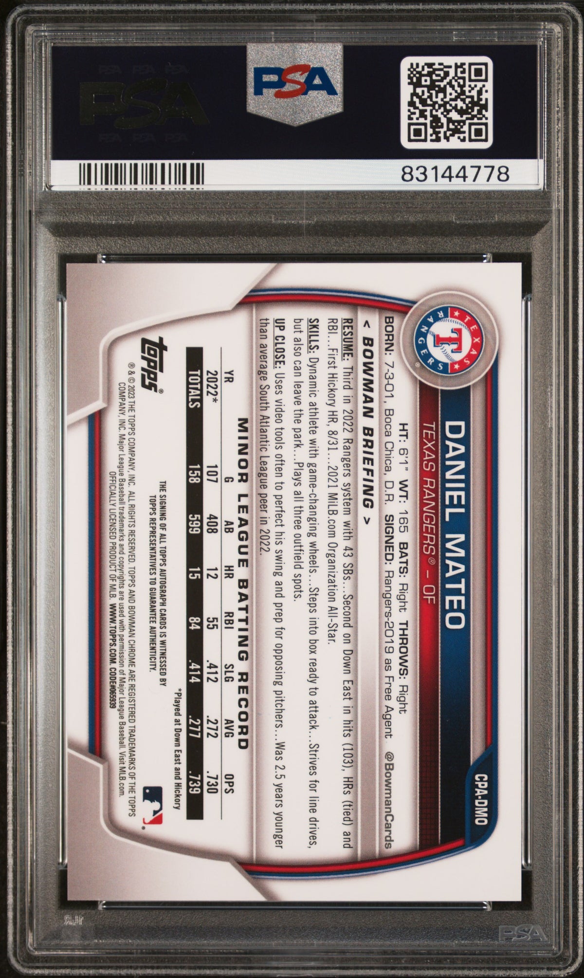 2023 Bowman Chrome Prospect Autographs Daniel Mateo Prospect Autograph PSA 10