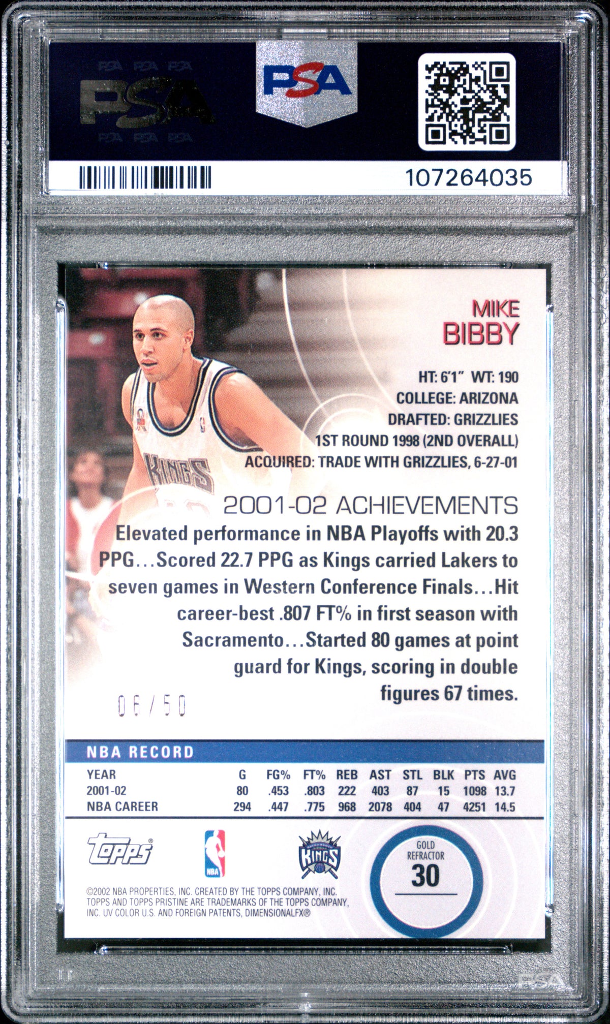 2002 Topps Pristine Mike Bibby Uncirculated Gold Ref. PSA 10