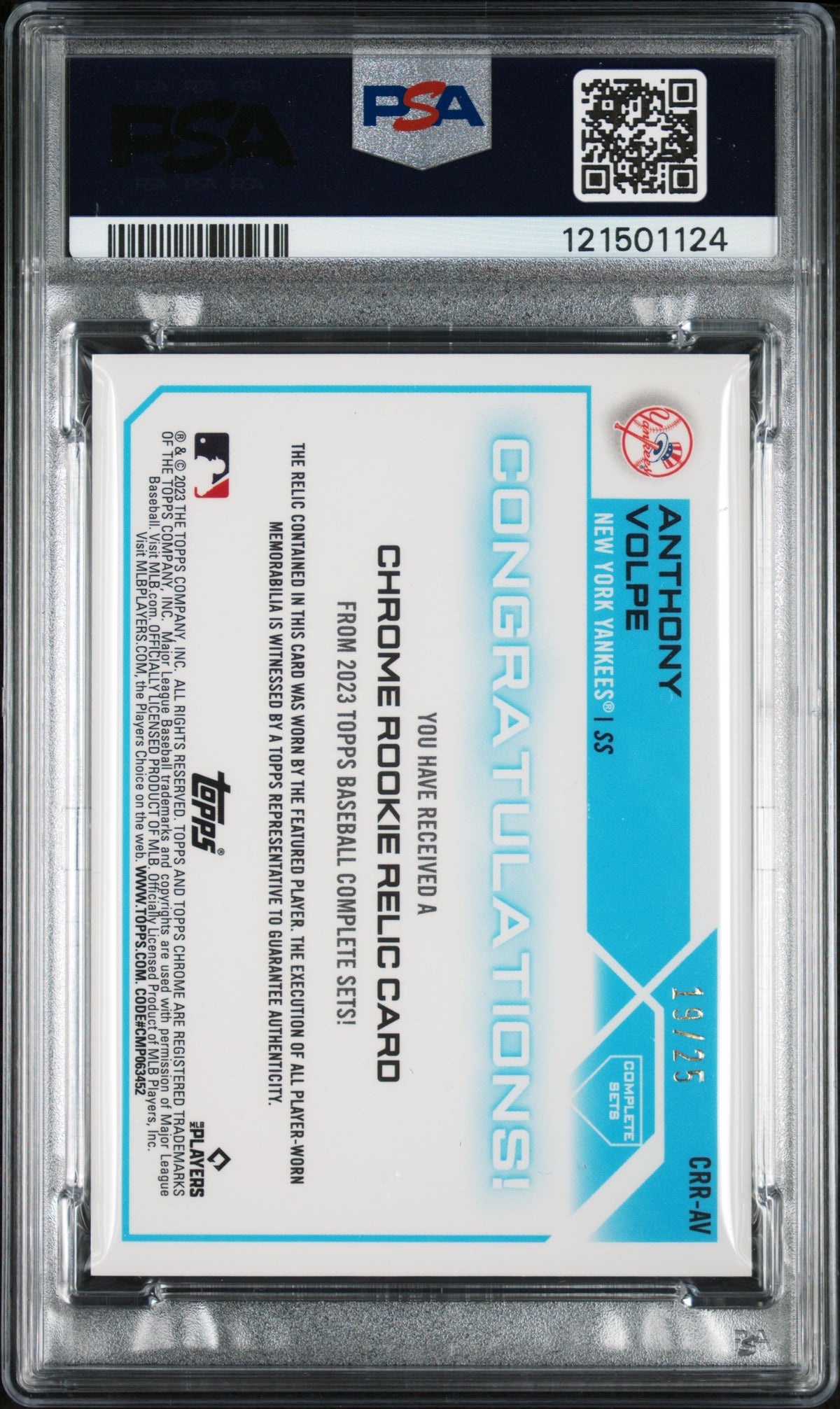 2023 Topps Complete Set Chrome Rookie Relic Anthony Volpe Relic-Orange PSA 8