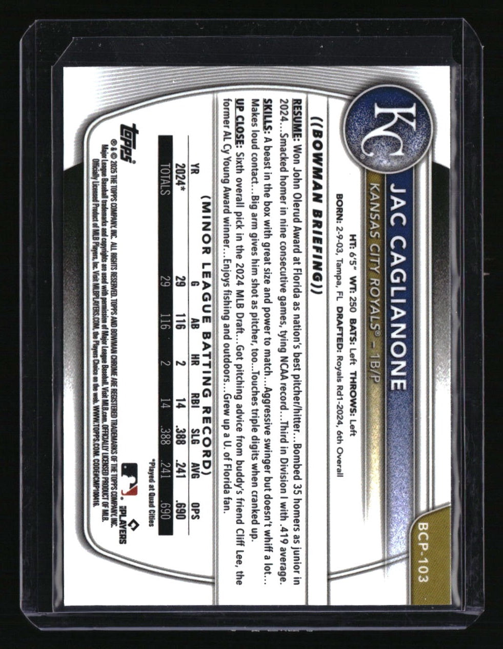 2025 Bowman Jac Caglianone Chrome Prospects Reptilian Refractor