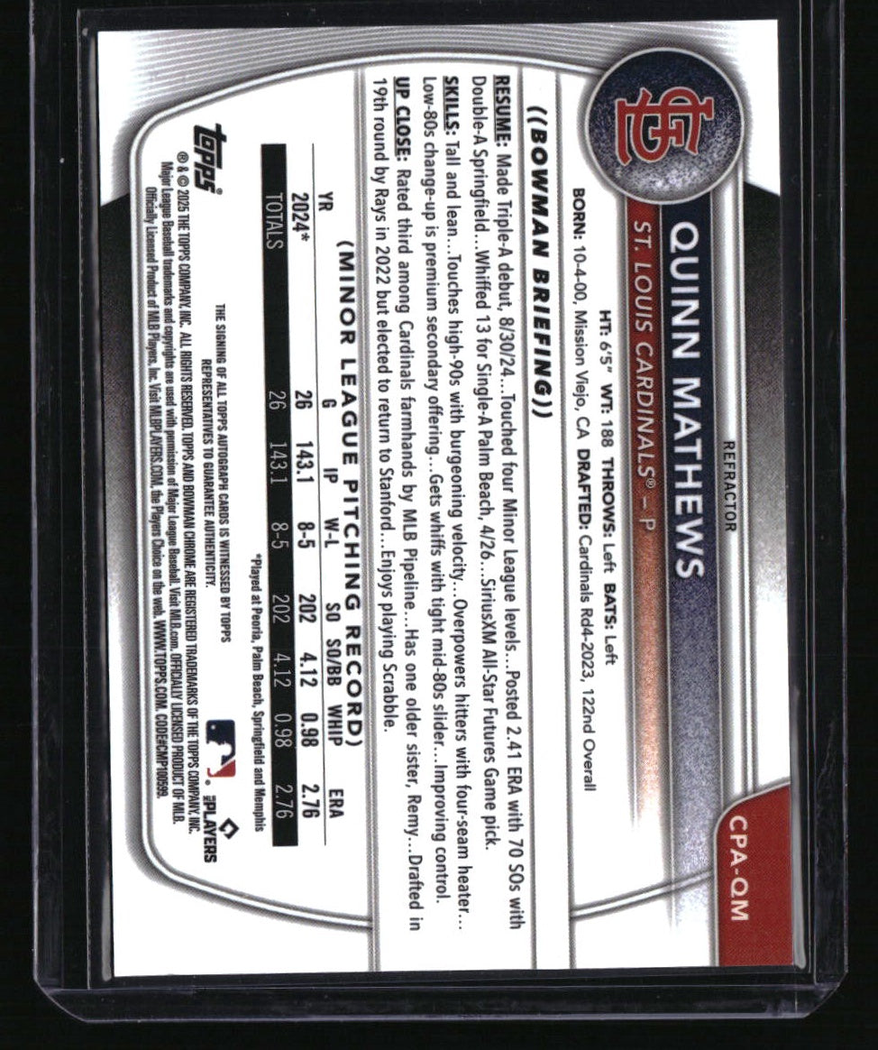 2025 Bowman Quinn Mathews Chrome Prospects Autographs Refractor #/499