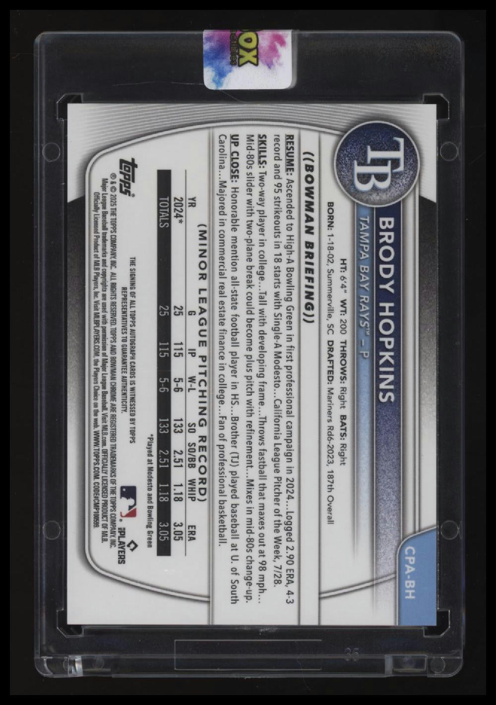 2025 Bowman Brody Hopkins Chrome Prospects Autographs Red Lava Refractor #/5
