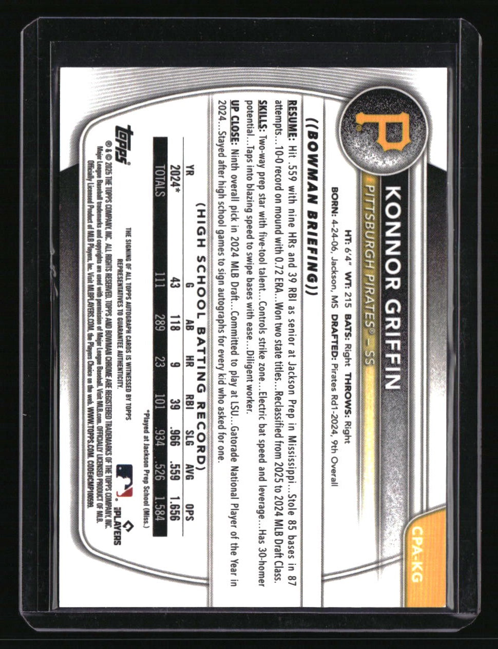 2025 Bowman Konnor Griffin Chrome Prospects Autographs Purple Refractor #/250