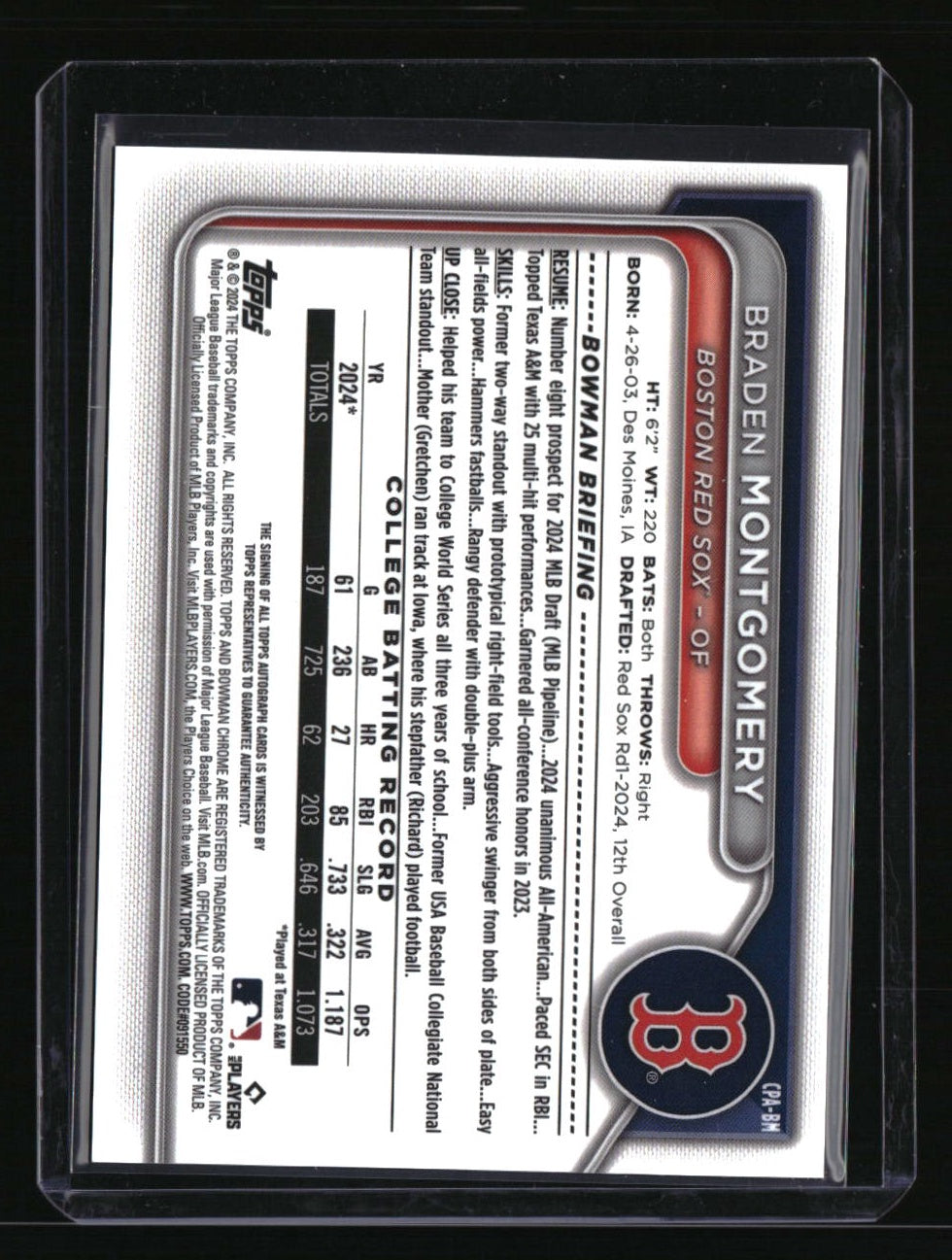 2024 Bowman Draft Braden Montgomery Chrome Prospect Auto Aqua Lava #/199