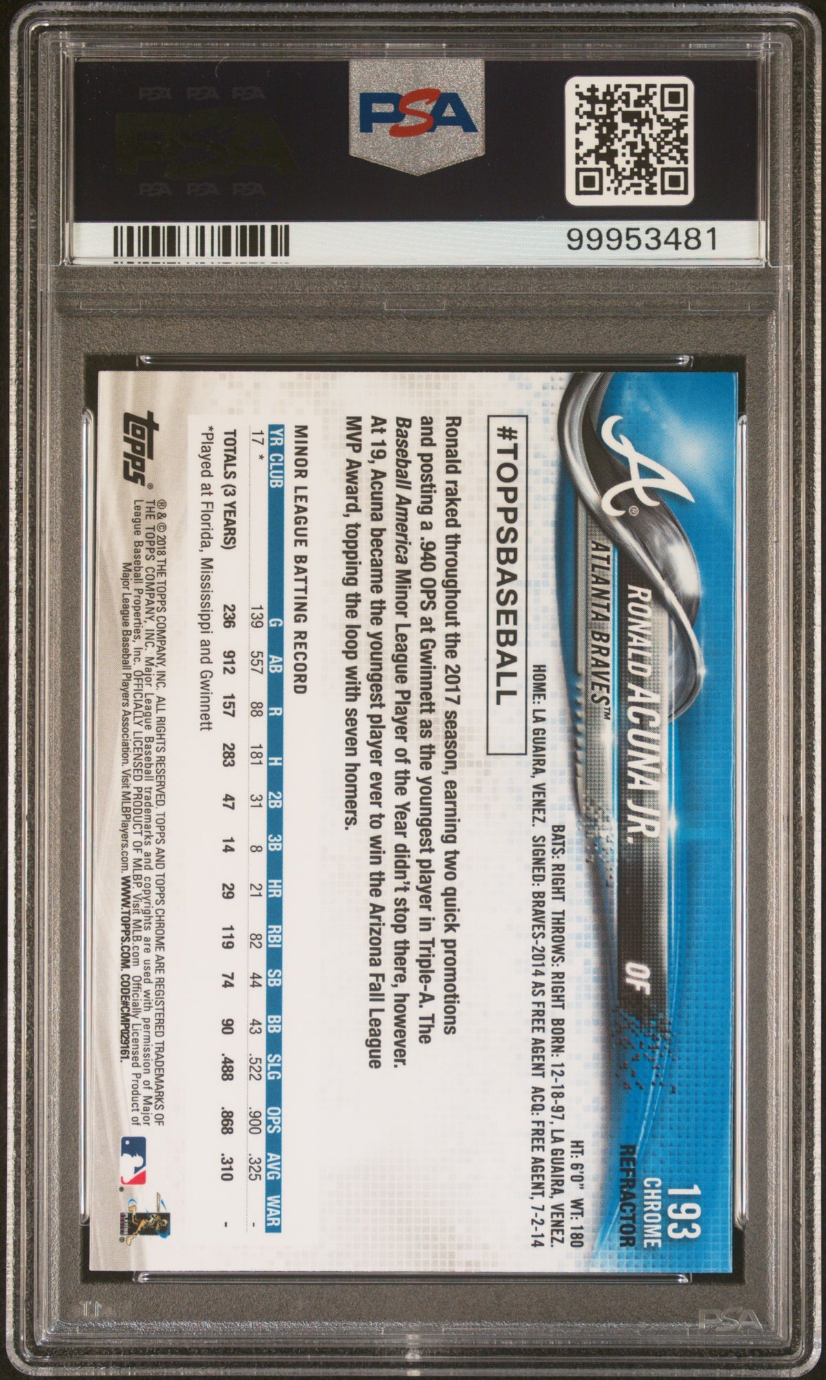 2018 Topps Chrome Ronald Acuna Jr. Refractor PSA 10
