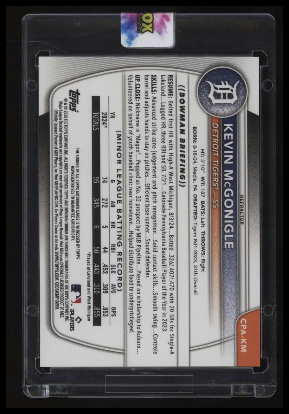 2025 Bowman Kevin McGonigle Chrome Prospects Autographs Refractor #/499