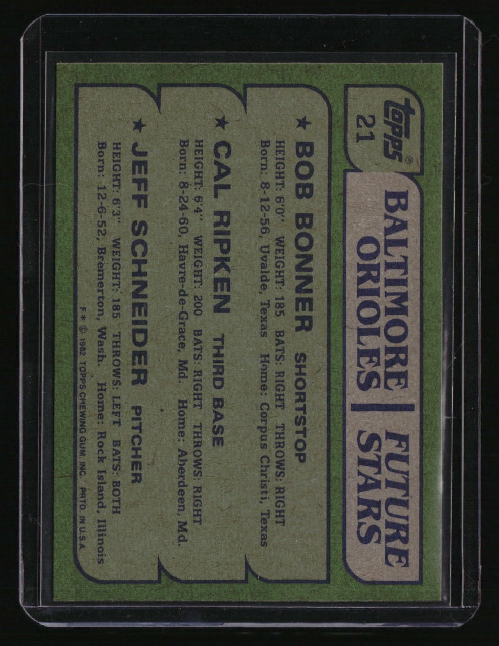 1982 Topps Orioles Future Stars (Bob Bonner / Cal Ripken / Jeff Schneider)
