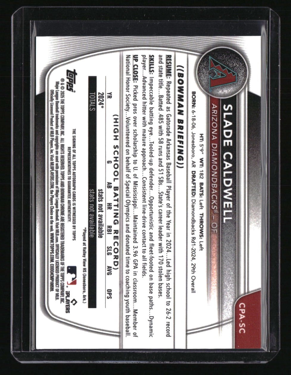 2025 Bowman Slade Caldwell Chrome Prospects Autographs