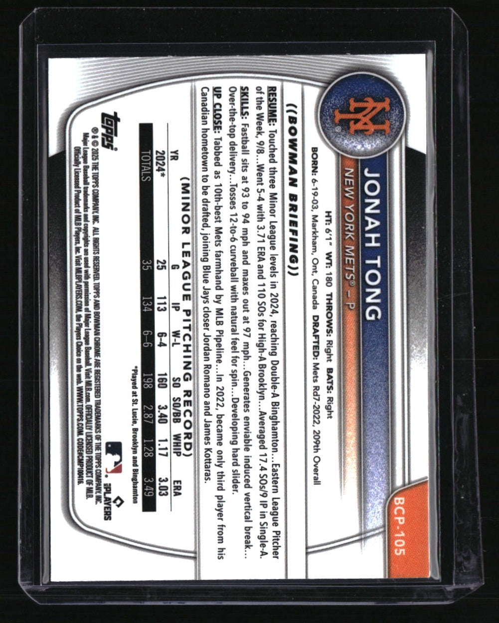 2025 Bowman Jonah Tong Chrome Prospects Purple Geometric Refractor #/250