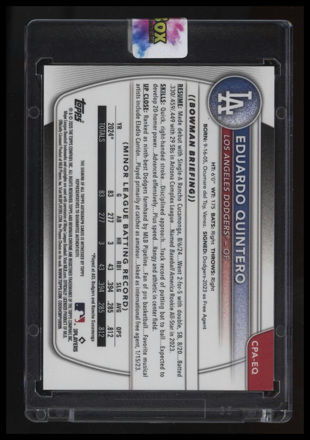 2025 Bowman Eduardo Quintero Chrome Prospects Autographs Blue X-Fractor #/150