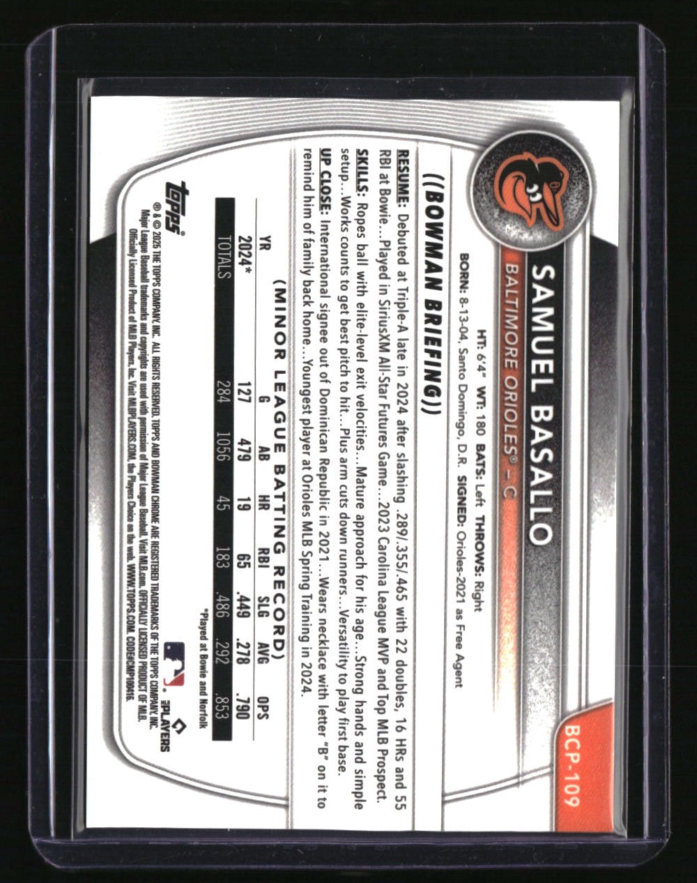 2025 Bowman Samuel Basallo Chrome Prospects Yellow Wave Refractor #/75