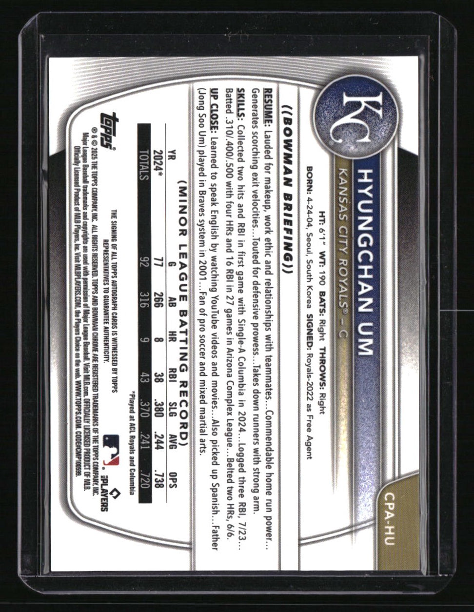 2025 Bowman Hyungchan Um Chrome Prospects Autographs Mini Diamond #/100