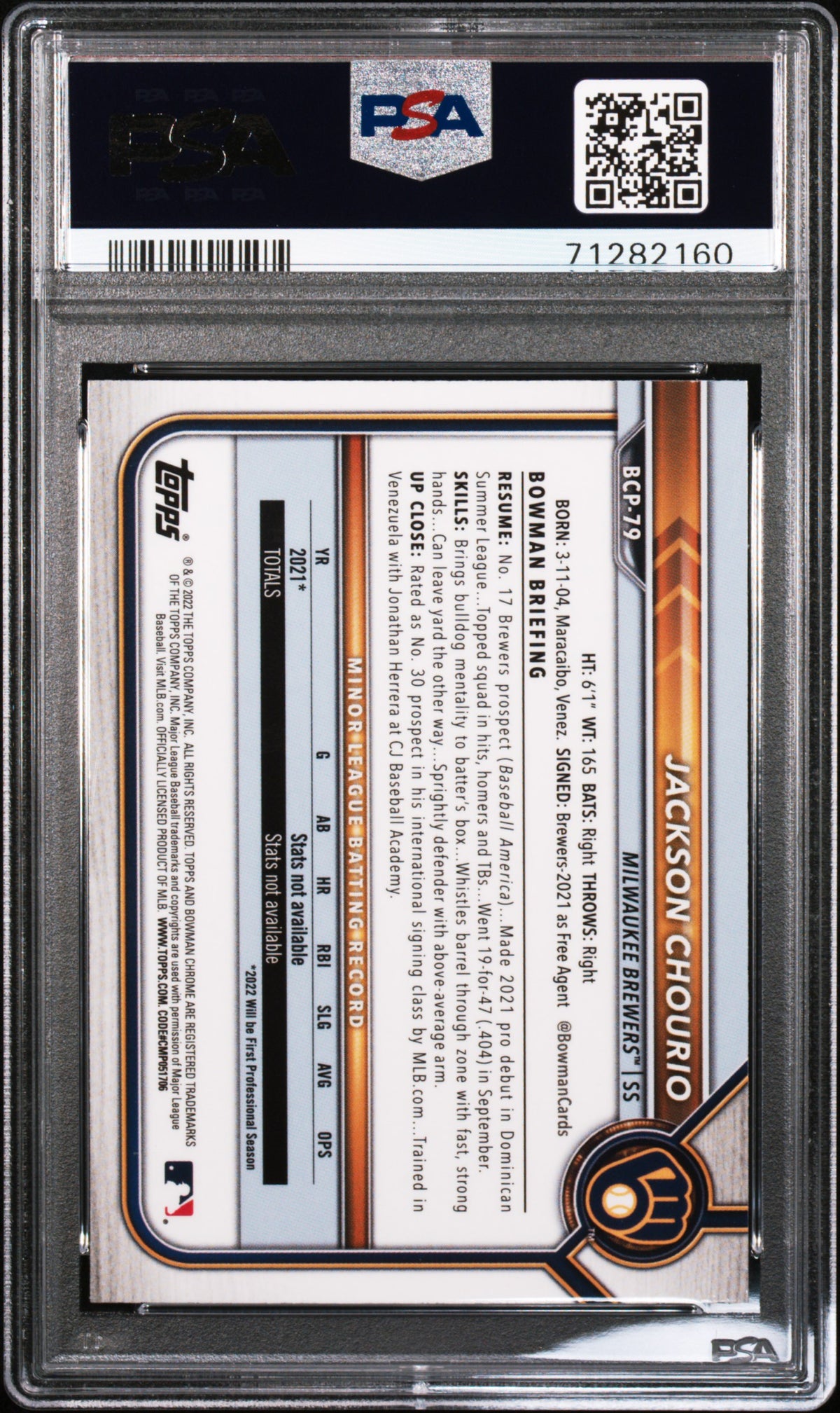 2022 Bowman Chrome Prospects Jackson Chourio Chrome Prospects PSA 10