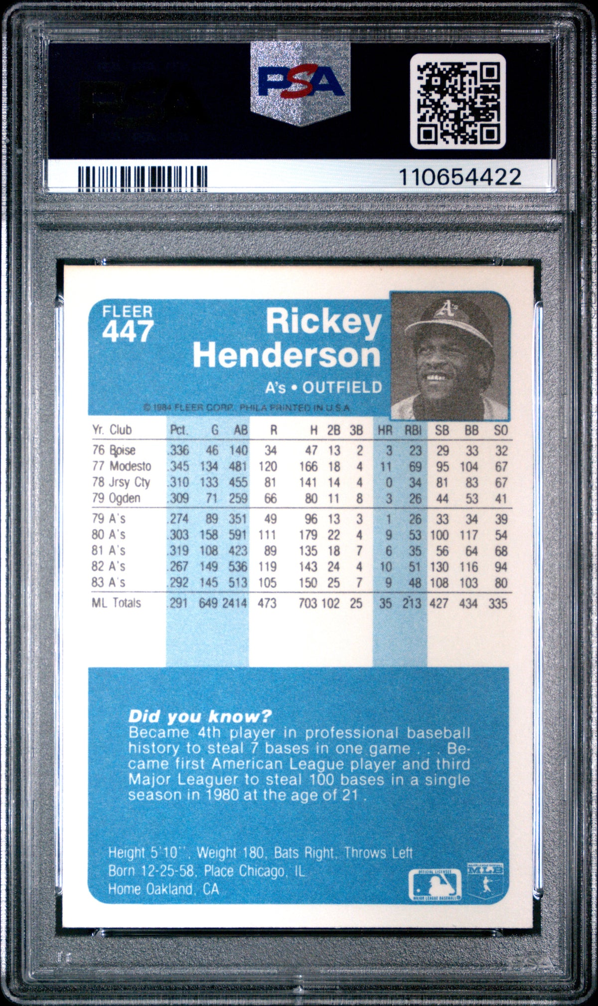 1984 Fleer Rickey Henderson PSA 9