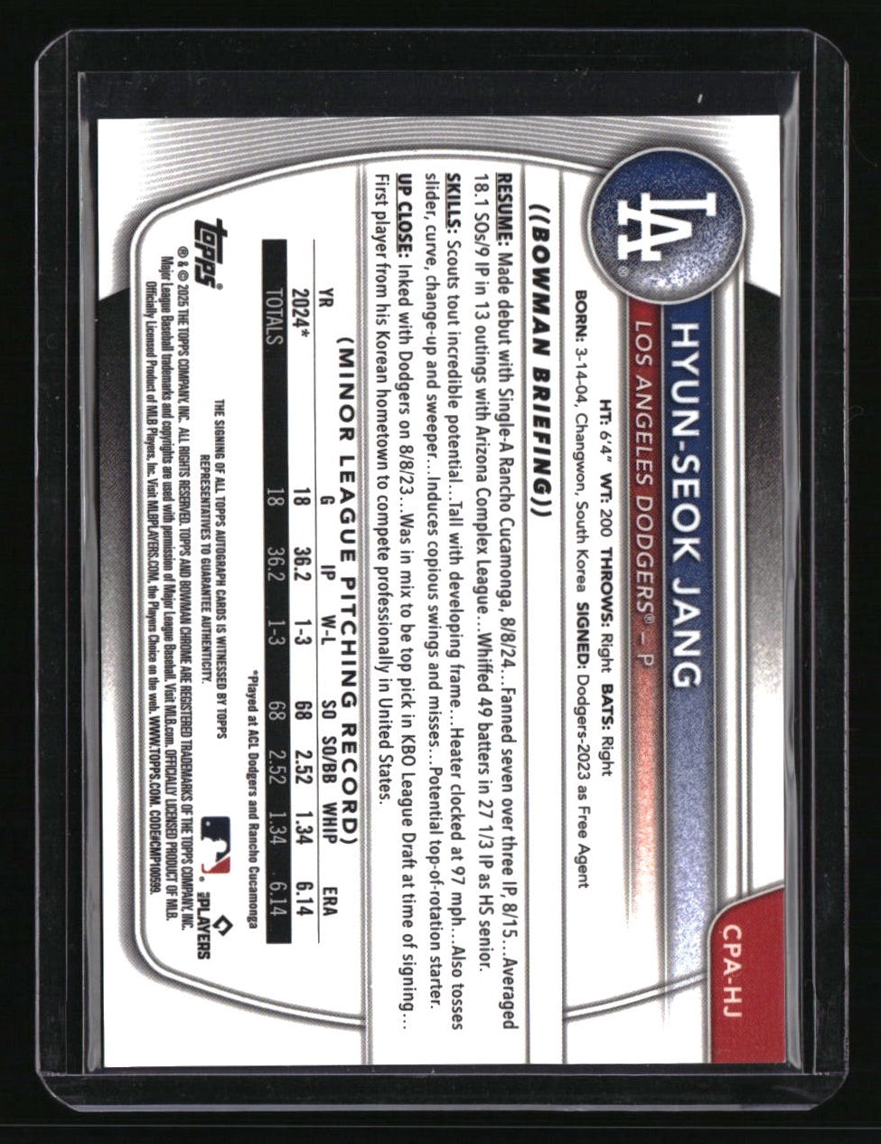 2025 Bowman Hyun-Seok Jang Chrome Prospects Autographs Purple Refractor #/250