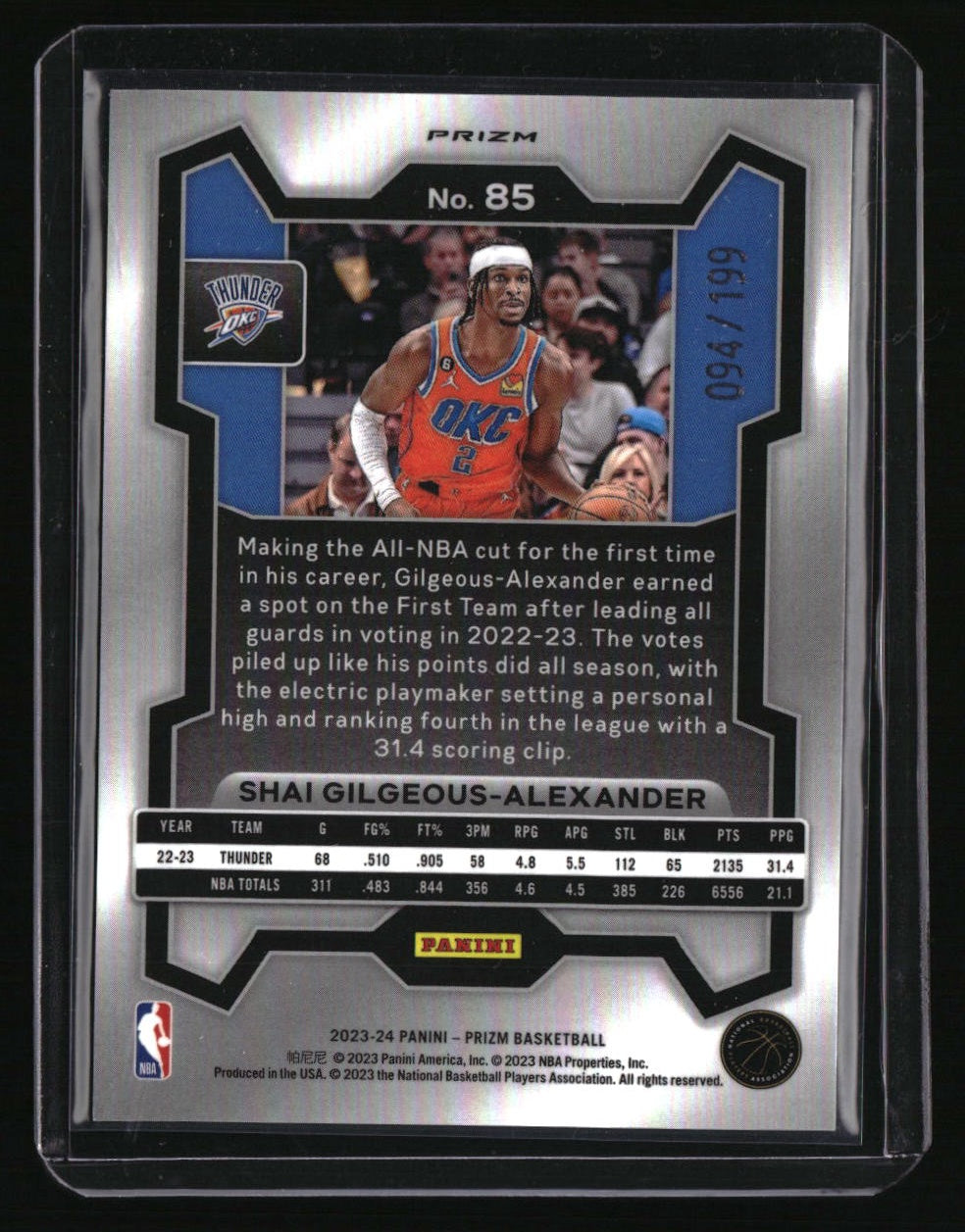 2023-24 Panini Prizm Shai Gilgeous-Alexander Prizms Blue #/199