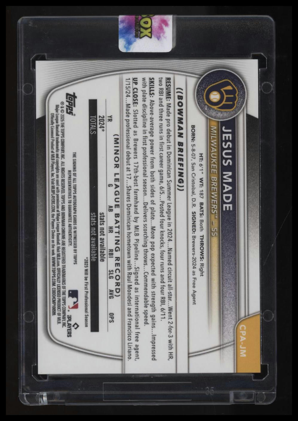 2025 Bowman Jesus Made Chrome Prospects Autographs Speckle Refractor #/299