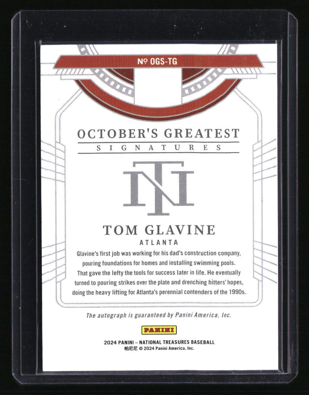 2024 National Treasures Tom Glavine October&#39;s Greatest Signatures Silver #/25