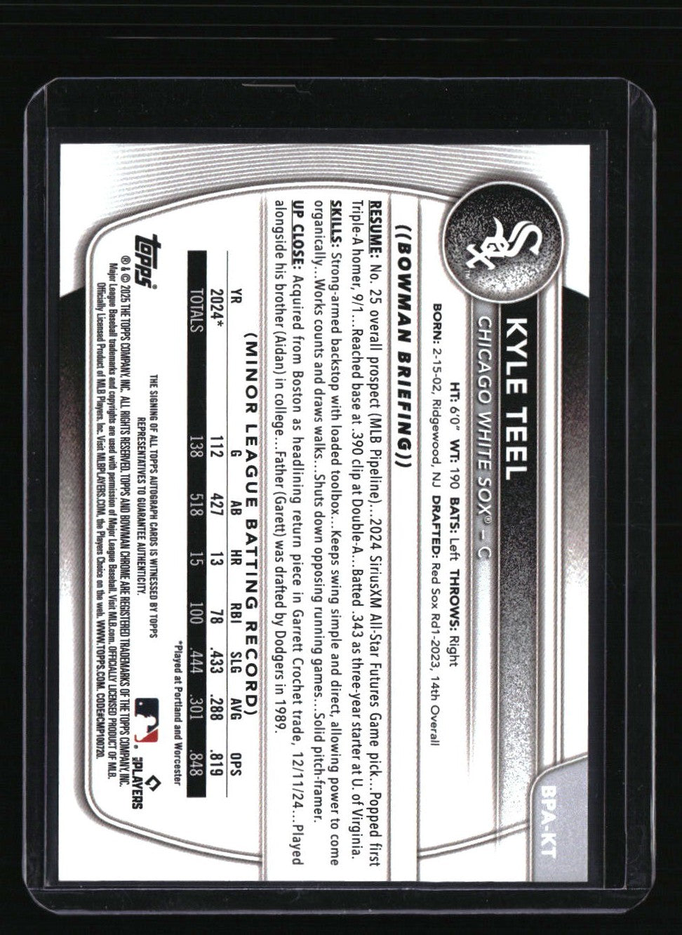 2025 Bowman Kyle Teel Prospects Autographs