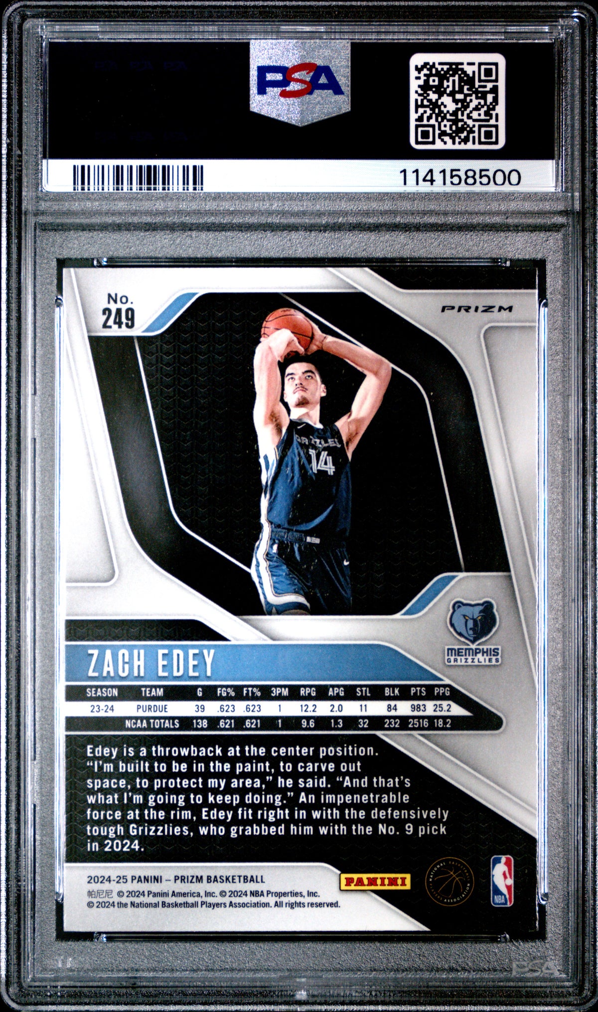 2024 Panini Prizm Zach Edey Red White Blue Prizm PSA 8