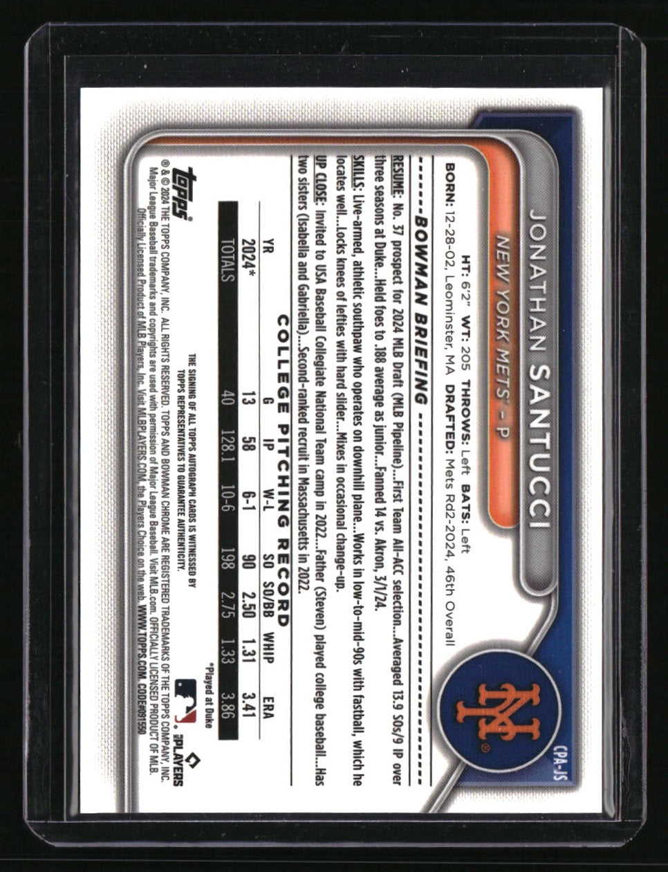 2024 Bowman Draft Jonathan Santucci Chrome Prospect Autographs