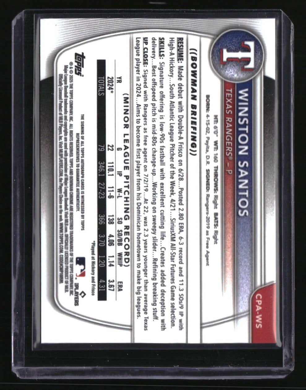 2025 Bowman Winston Santos Chrome Prospects Autographs Blue Refractor #/150
