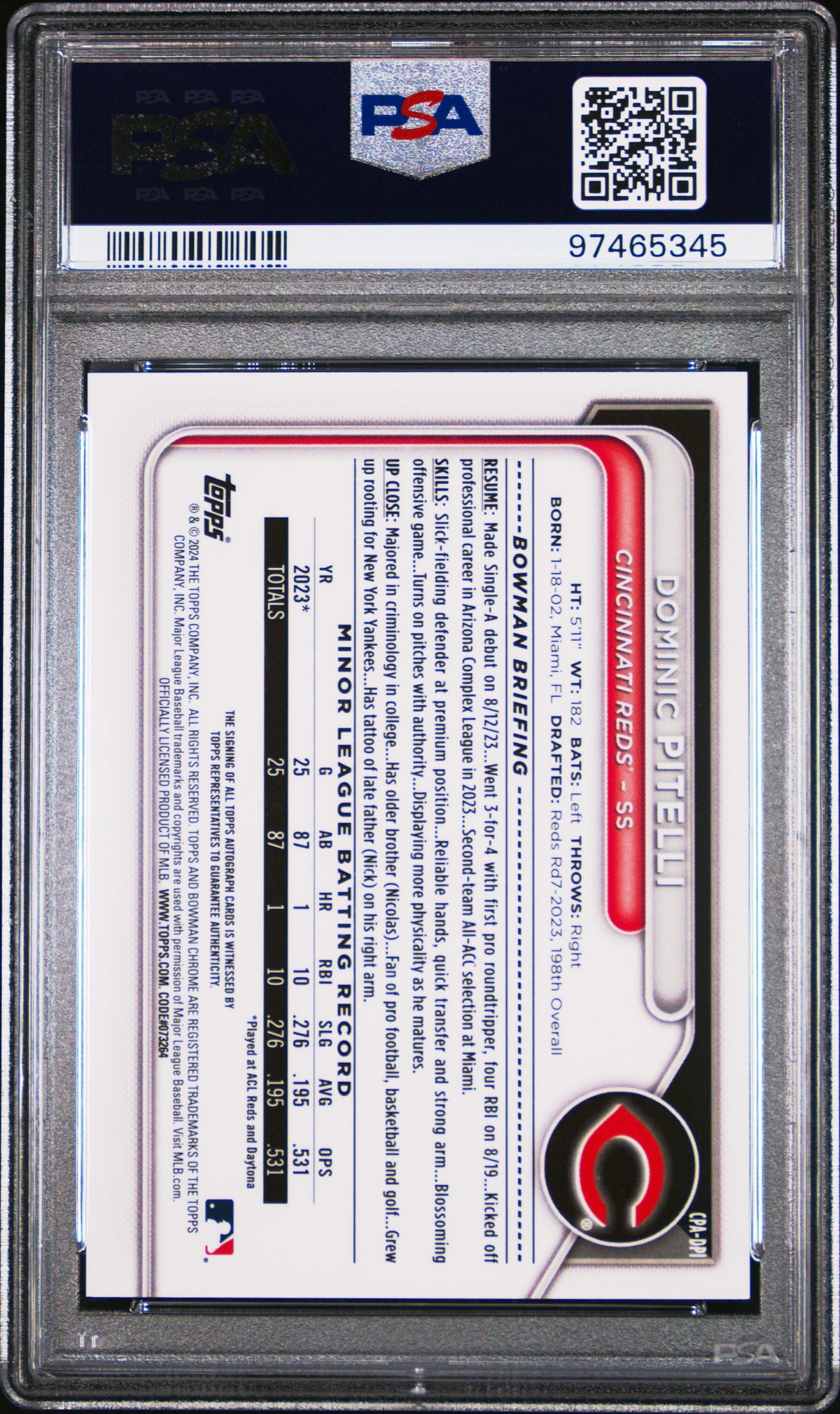 2024 Bowman Chrome Prospect Autographs Dominic Pitelli Prospect Autograph PSA 10