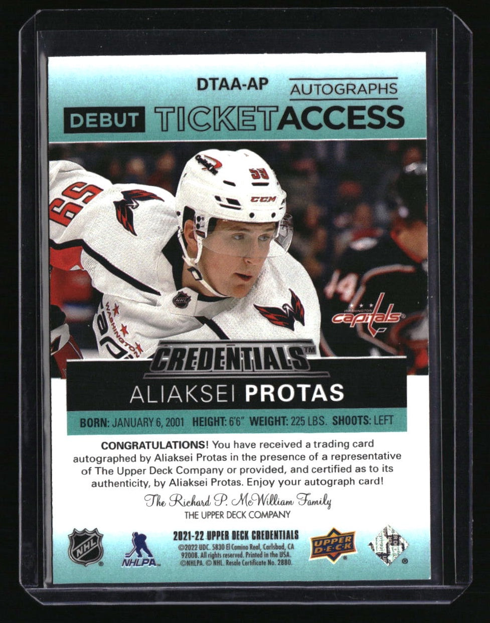 2021-22 Credentials Aliaksei Protas Debut Ticket Access Autos Green #/25