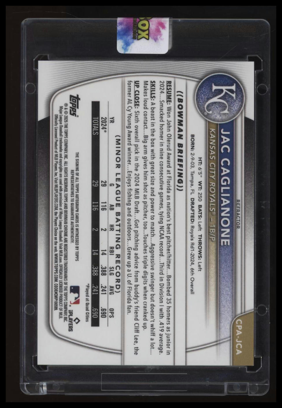 2025 Bowman Jac Caglianone Chrome Prospects Autographs Refractor #/499