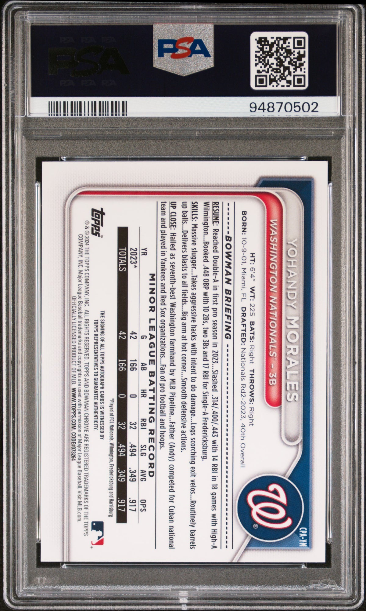 2024 Bowman Chrome Prospect Autographs Yohandy Morales PSA 9