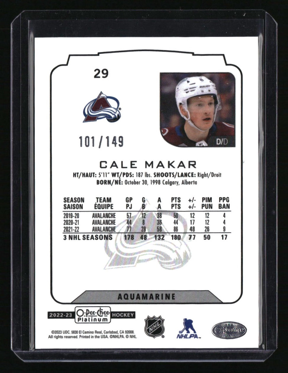 2022-23 O-Pee-Chee Platinum Cale Makar Aquamarine #/149