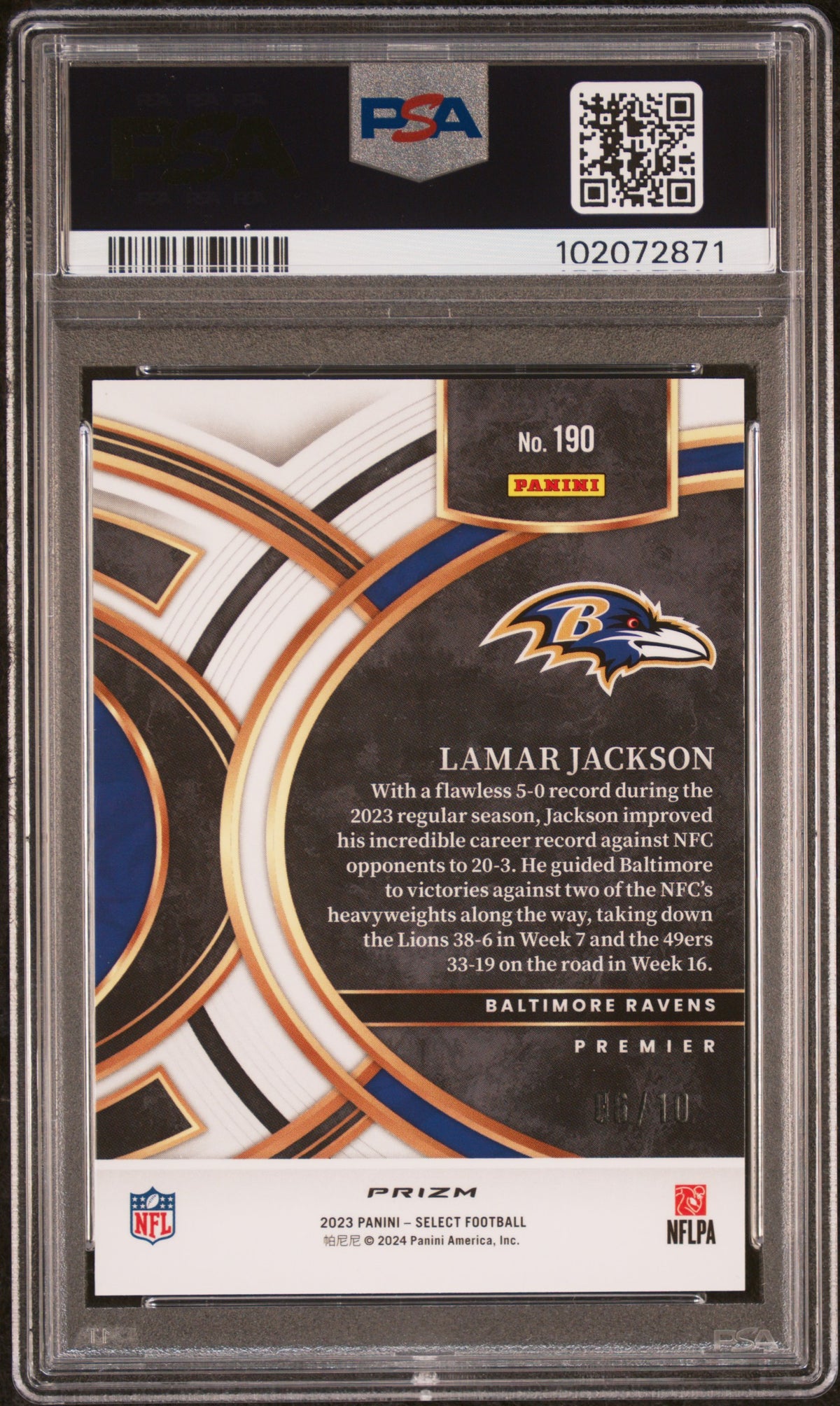 2023 Panini Select Lamar Jackson Dragon Scale Gold Prizm PSA 10