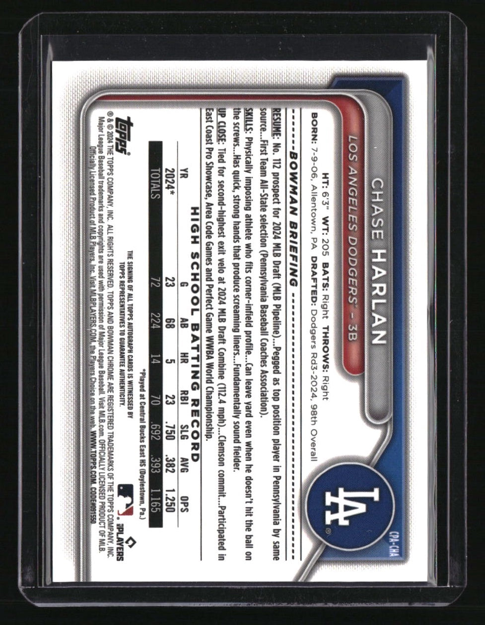 2024 Bowman Draft Chase Harlan Chrome Prospect Autographs