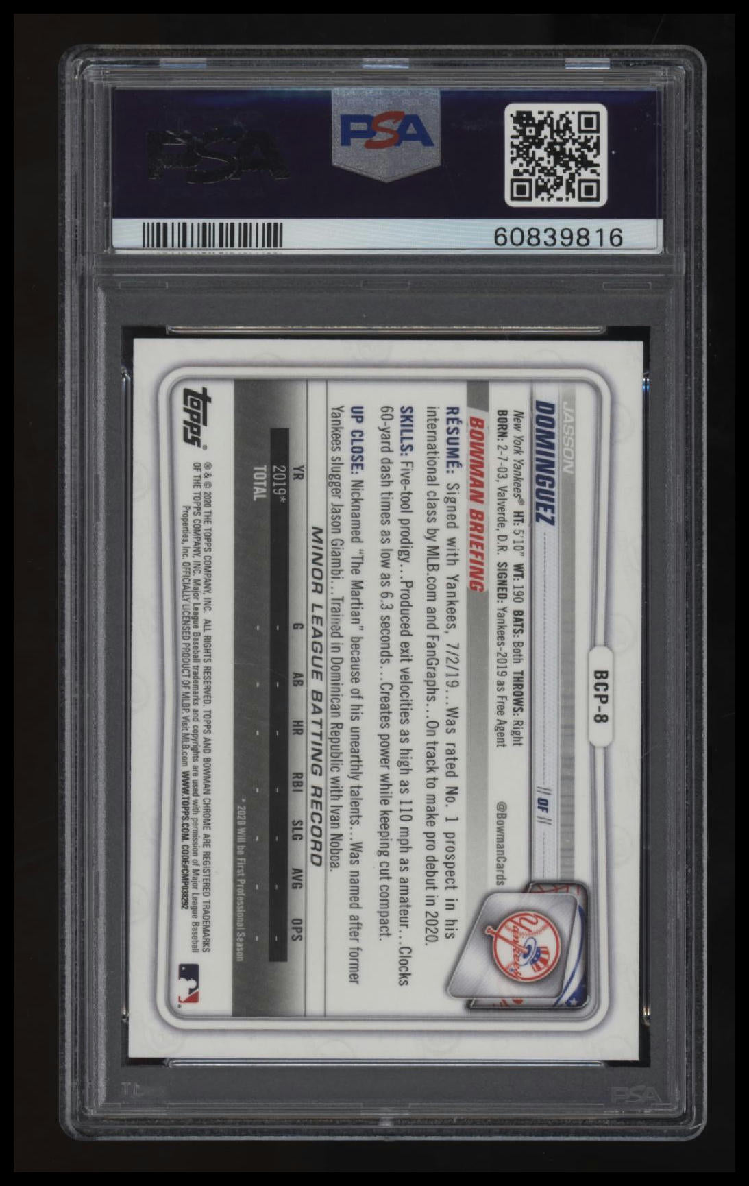 2020 Bowman Chrome Prospects Jasson Dominguez Prospects PSA 10