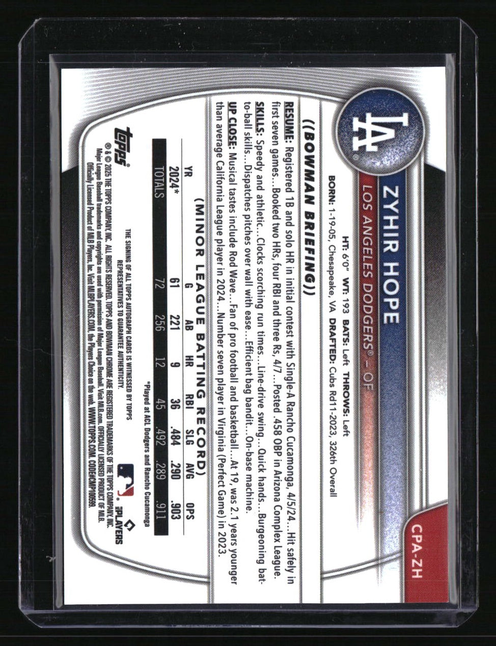 2025 Bowman Zyhir Hope Chrome Prospects Autographs