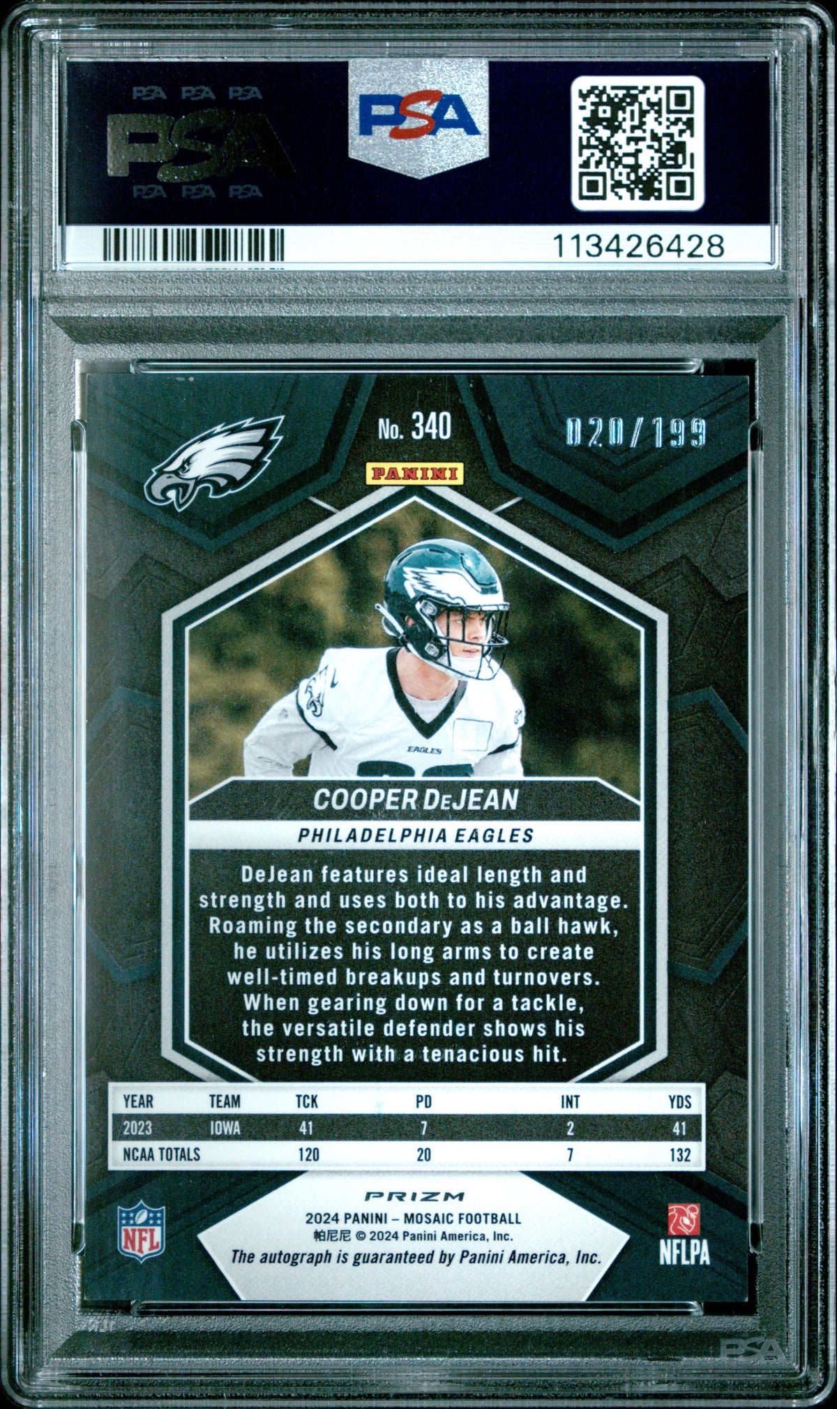 2024 Panini Mosaic Cooper Dejean Autograph-Red PSA 8