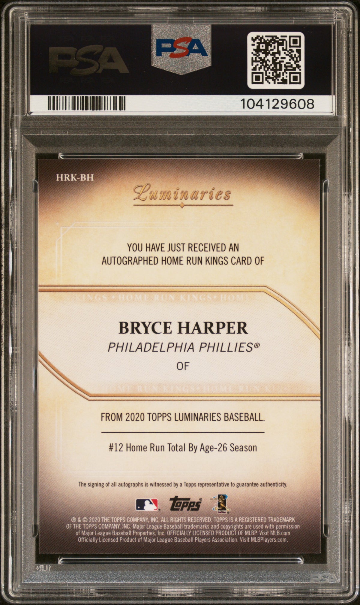2020 Topps Luminaries Home Run Kings Autographs Bryce Harper Red PSA 9
