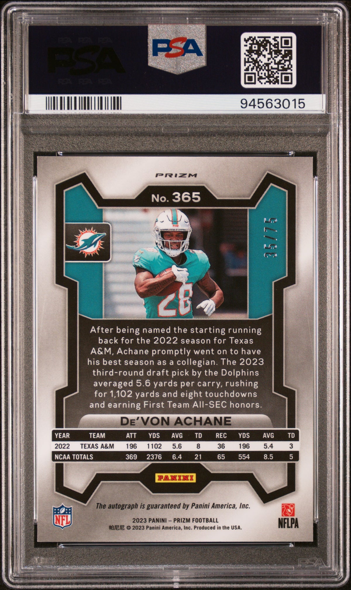 2023 Panini Prizm De&#39;Von Achane Autograph-Green Scope PSA 9