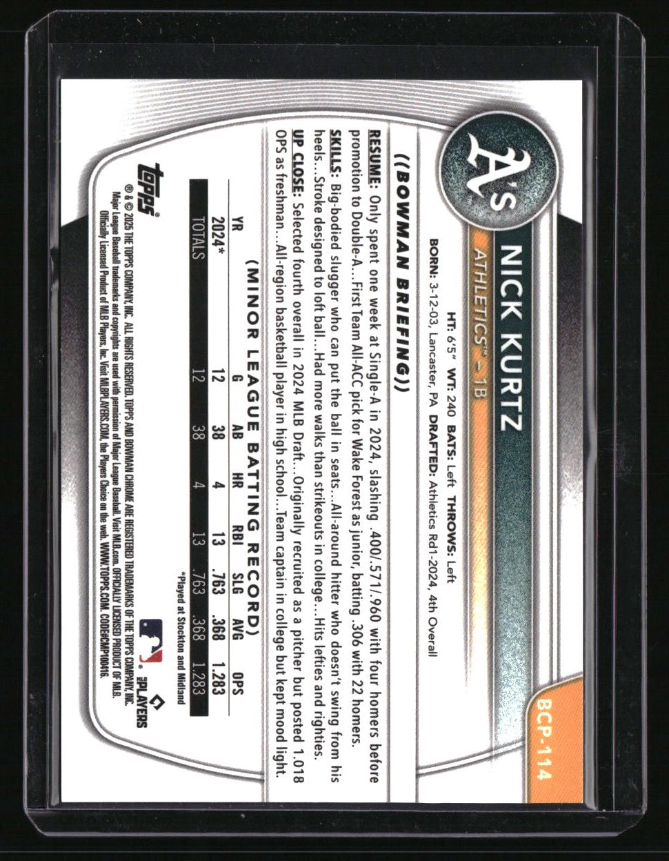 2025 Bowman Nick Kurtz Chrome Prospects Yellow Wave Refractor #/75