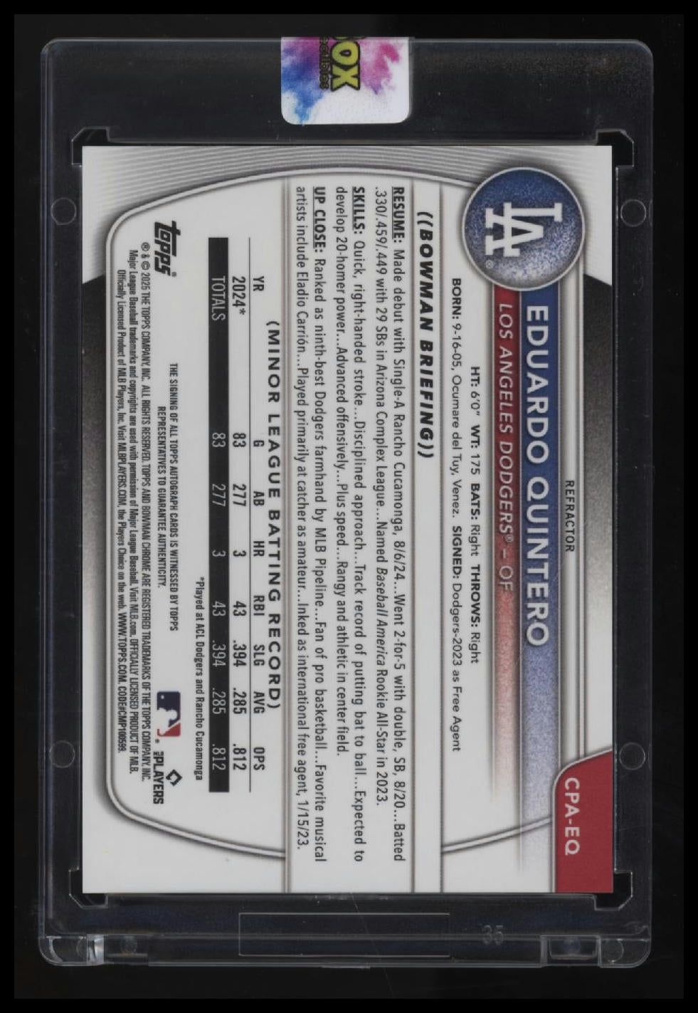 2025 Bowman Eduardo Quintero Chrome Prospects Autographs Refractor #/499