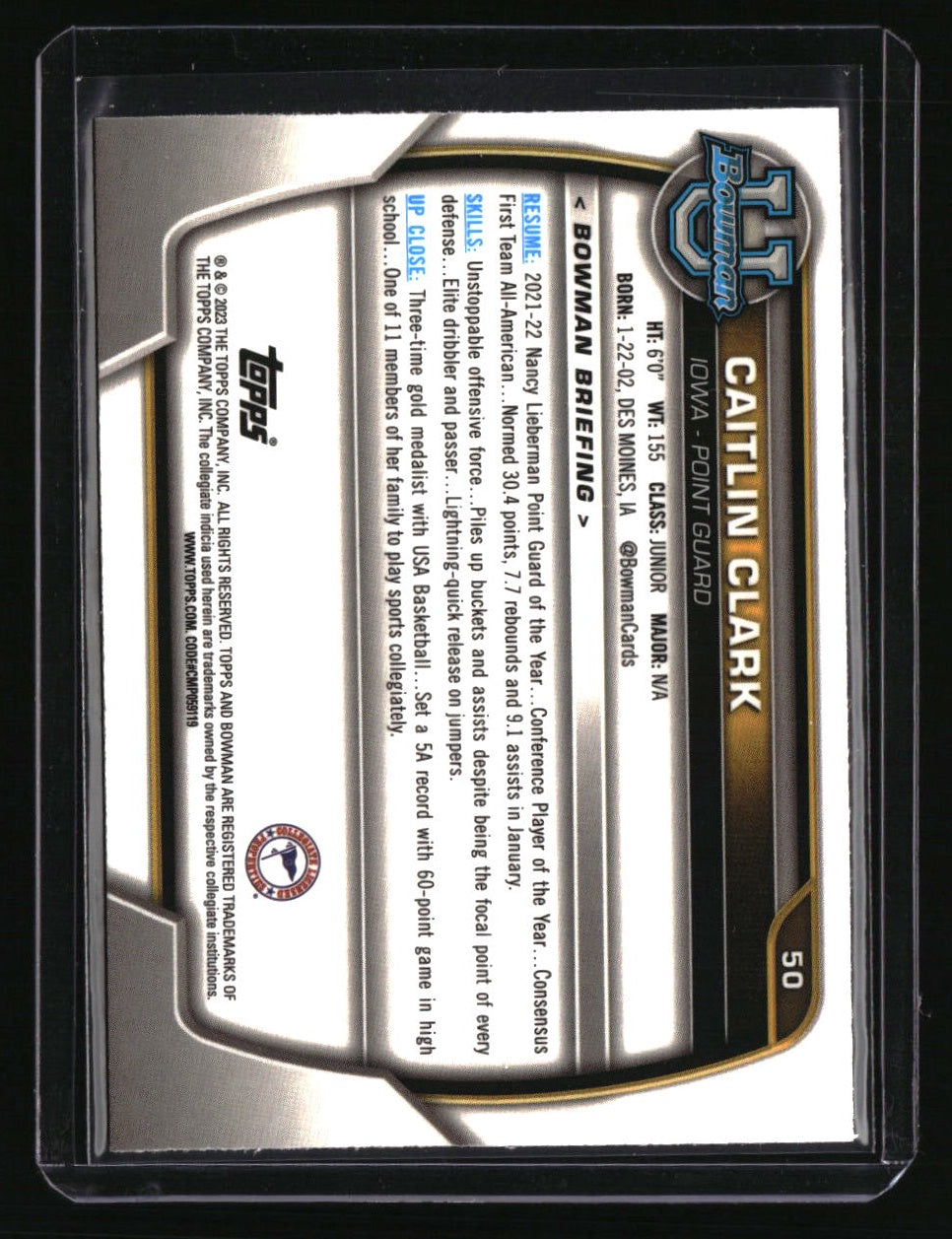 2022-23 Bowman University Chrome Caitlin Clark