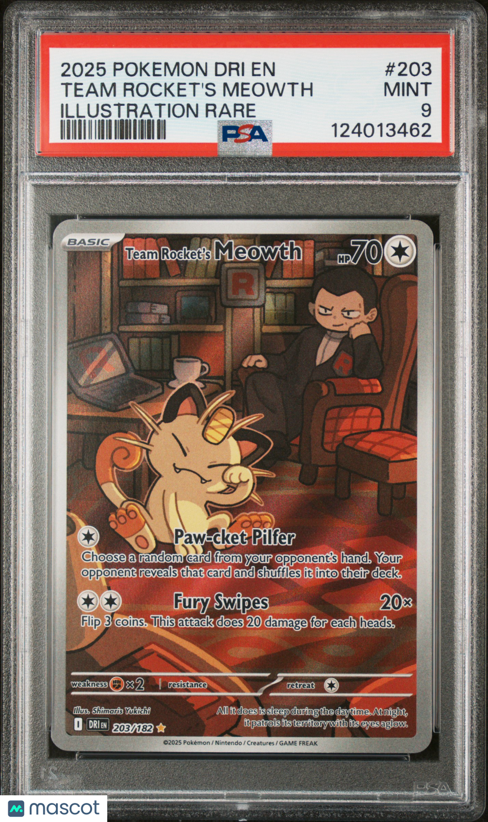 2025 Pokemon Dri En-Destined Rivals Team Rocket'S Meowth Illustration Rare PSA 9
