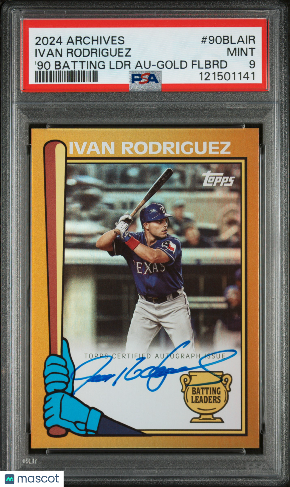2024 Topps Archives 1990 Batting Leaders Auto Ivan Rodriguez Gold Flbrd PSA 9