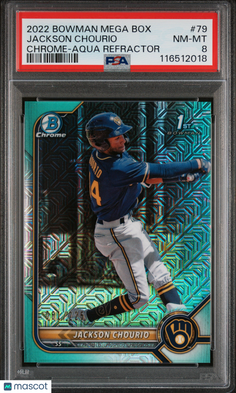 2022 Bowman Mega Box Chrome Jackson Chourio Chrome-Aqua Refractor PSA 8